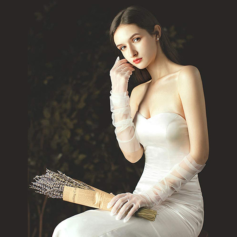 Mesh Bridal Transparent Lace Sexy Prom Gloves 70cm Long Sheer Plain Bridal Dress Gloves