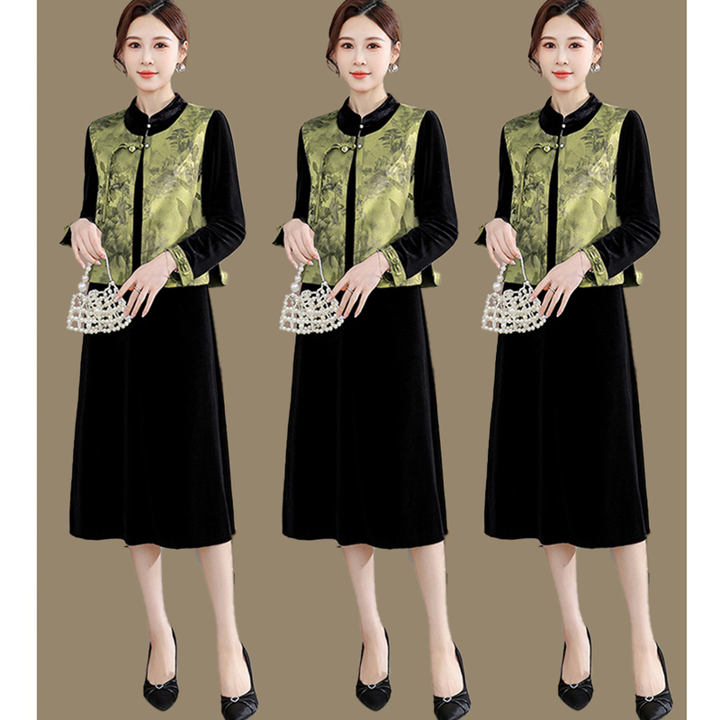 Super Stylish Chinese-Style Vest and Dress Two-Piece Set for Women, 2026 Spring and Autumn New Velvet Dress Set for Elegant Ladies
