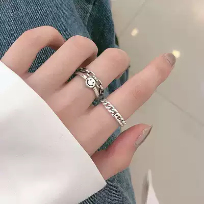 s925 sterling silver small chain combination smiley face ring female cold wind retro old Thai silver ins tide student ring