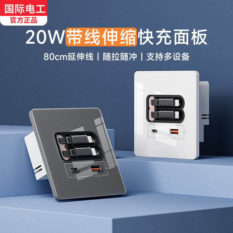 Type 86 USB Wall Power Socket with Retractable Data Cable Pd20W Mobile Phone Fast Charging Panel Type-C Multi-Function