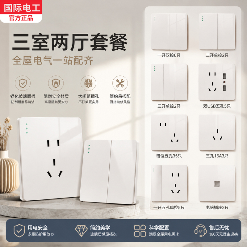 International Electrician Cream Warm Yellow Switch Socket Three-Bedroom-Two-Living-Room Set Plexiglass Ultra-Thin 86 Type Full House Panel