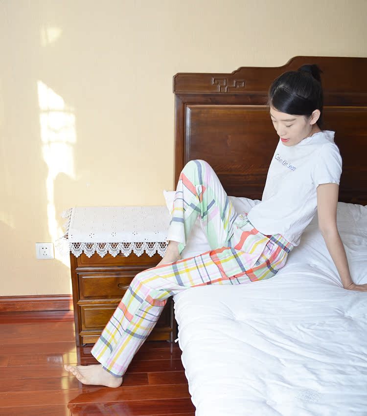 Quần ngủ cỡ lớn cho nữ quần dài cỡ lớn kẻ sọc cotton nhà mùa thu và mùa đông người mẫu gầy cao 200 cân bộ mặc nhà đẹp