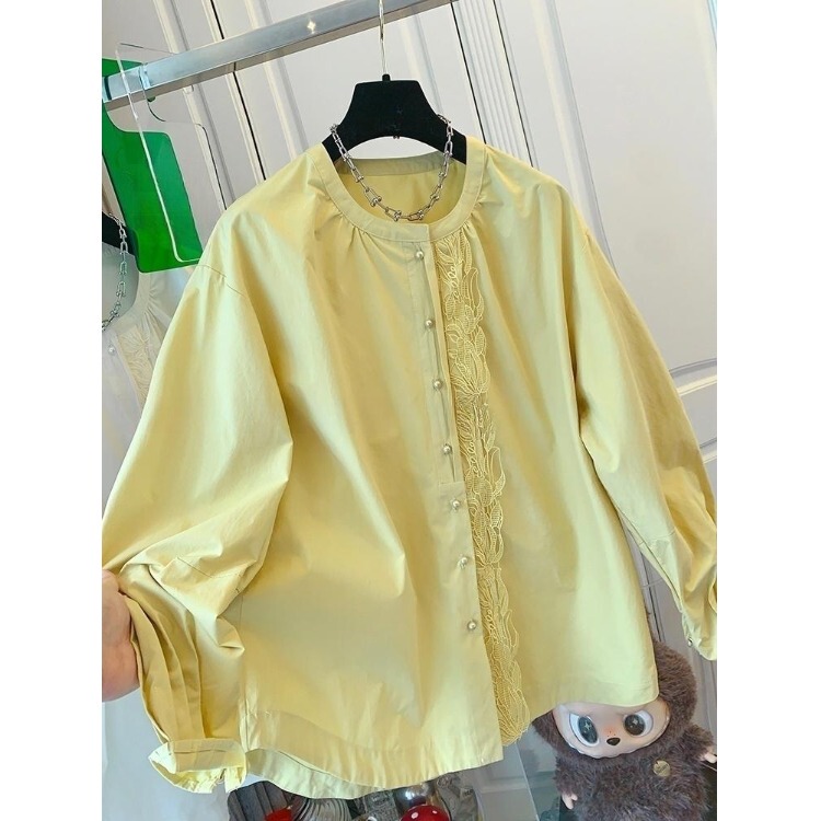 French-Style Embroidered Lace Golden Yellow Long-Sleeved Shirt for Women, Designer Loose-Fitting Top for Women, New Spring Style