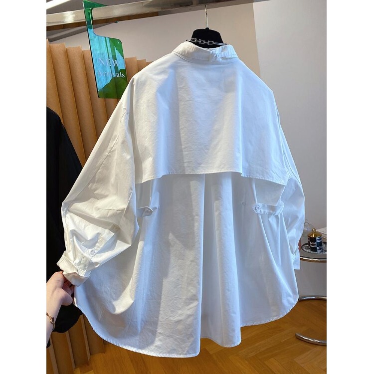 High-End Shawl Black Shirt for Women, Long-Sleeved, New Spring and Autumn Style, Loose Pure Cotton Stand-Up Collar Shirt Jacket, Trendy Top