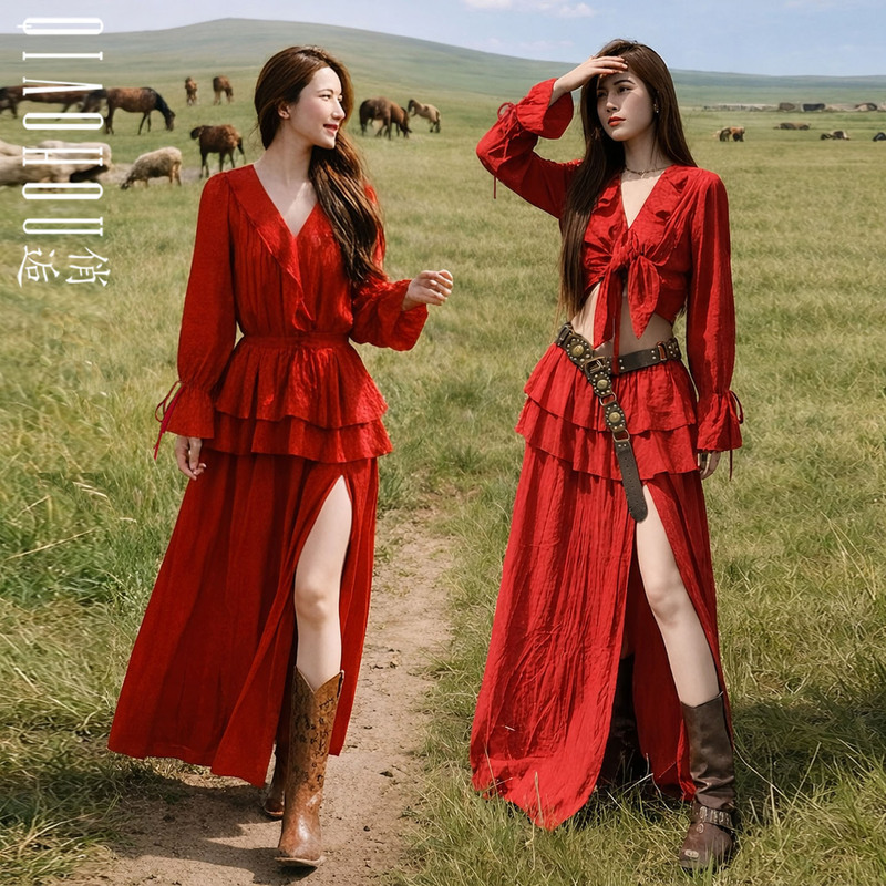Xinjiang Sichuan Grassland Vacation Retro Red Suit for Women Summer and Autumn Bohemian Lantern Sleeve Slit Half-Length Skirt
