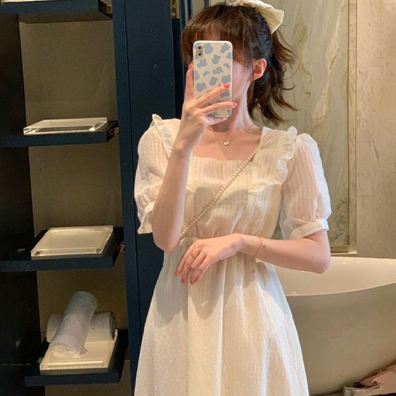 White square collar dress 2023 new summer French waist tea break beginning love dress sweet fairy dress