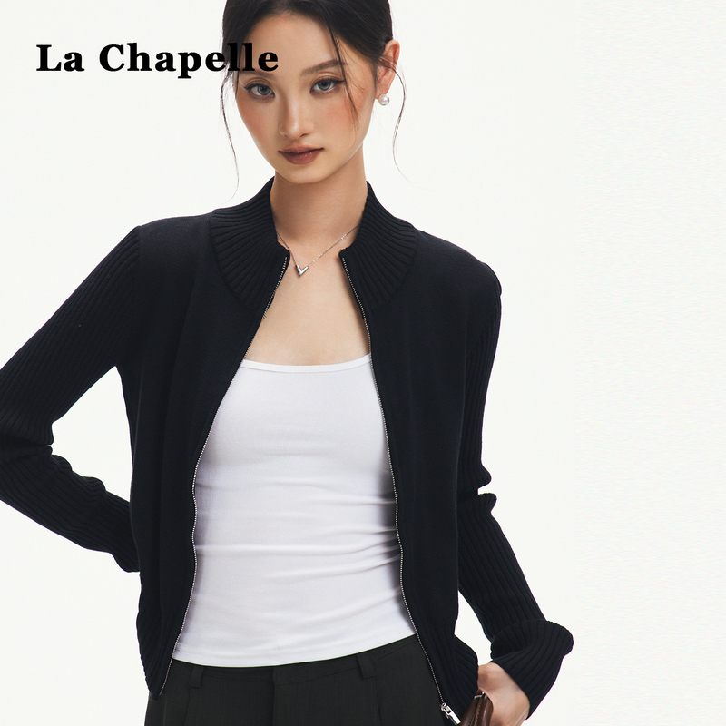 La Chapelle Korean Style Early Autumn Short Black Knitted Cardigan Slim Fit Jacket for Women Autumn and Winter New Stand Collar Top