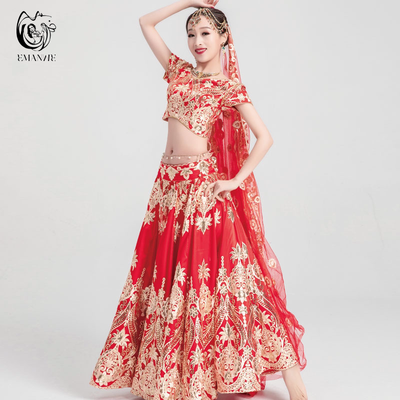 Indian Dance Costume with Large Hem, Exquisite Embroidery, Four-Piece Set, Kurta, Saree, Panjabi, Women's Clothing