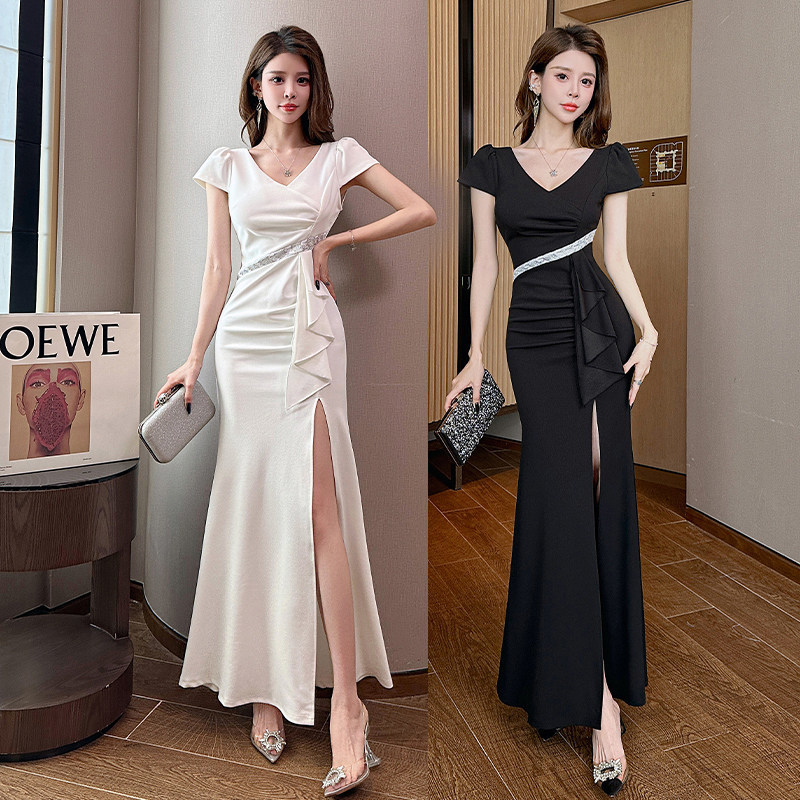Massage Therapist Work Clothes, Elegant White Soft Spa Foot Massage Evening Dress, Tummy-Covering Nightclub Ktv Hostess Long Dress