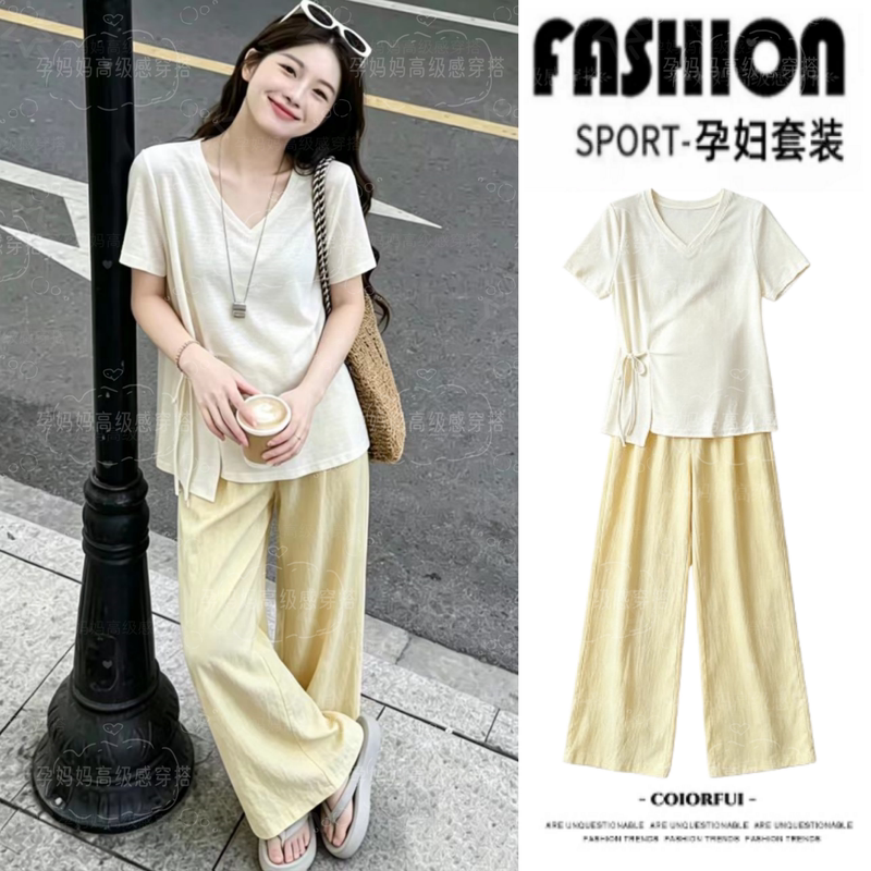French-Style Maternity Wear with a High-End Feel, Summer Tops for Pregnant Women, 2026 New V-Neck T-Shirt, Straight-Leg Pants, Maternity Set