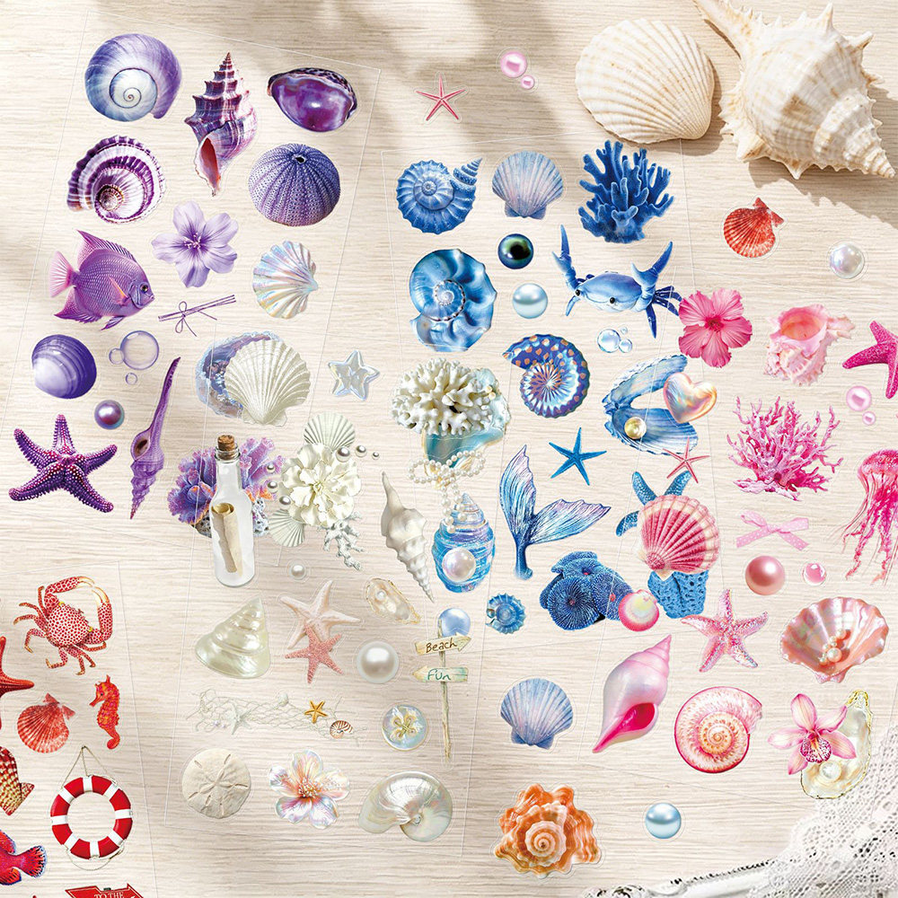 10 Pieces of Pet Stickers with Cartoon Creative Designs of Underwater World Fish and Shellfish, Suitable for DIY Journals and Tablets