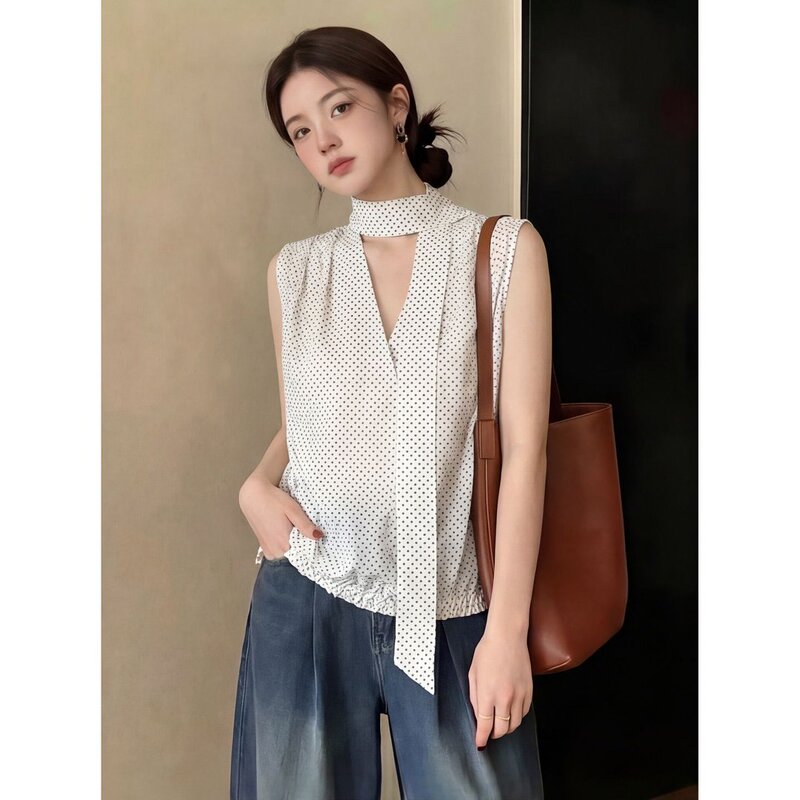 Miu-Style Polka Dot Ribbon White Shirt for Women, Summer V-Neck Design, Loose Sleeveless Vest Top, Lightweight and Slightly Sheer Blouse