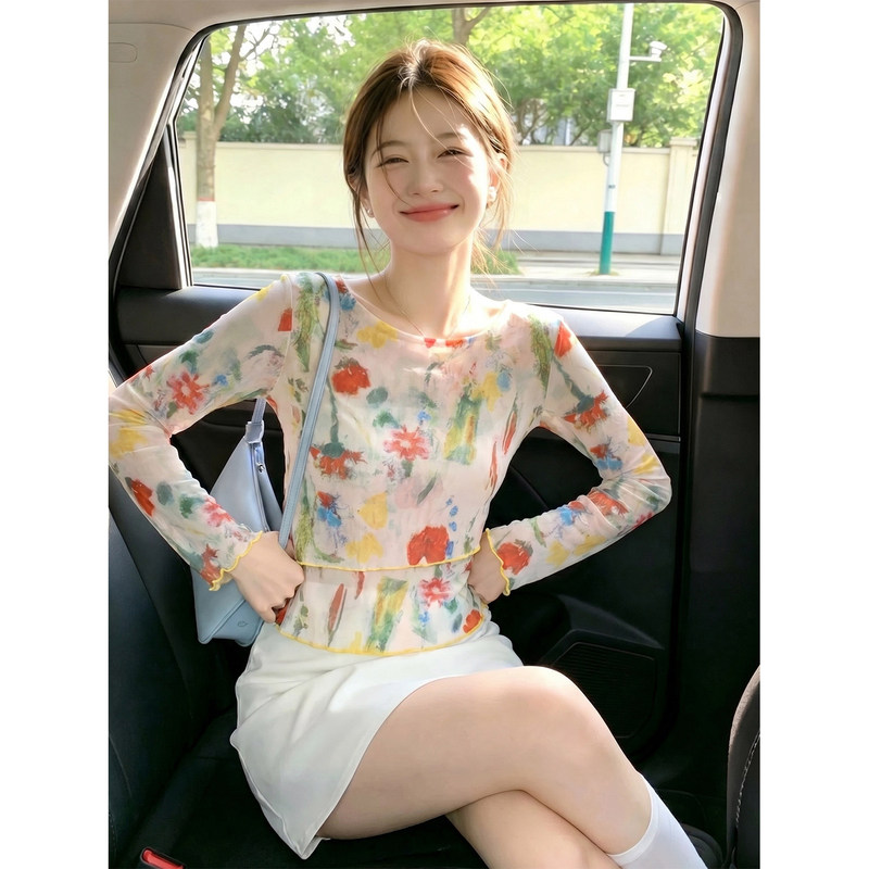 Irregular Two-Piece Floral Mesh Long-Sleeve T-Shirt for Women, Summer Stylish and Beautiful Top, Thin Sun-Protective Cover-Up Irregular Two-Piece Floral Mesh Long-Sleeve T-Shirt for Women, Summer Stylish and Beautiful Top, Thin Sun-Protective Cover-Up