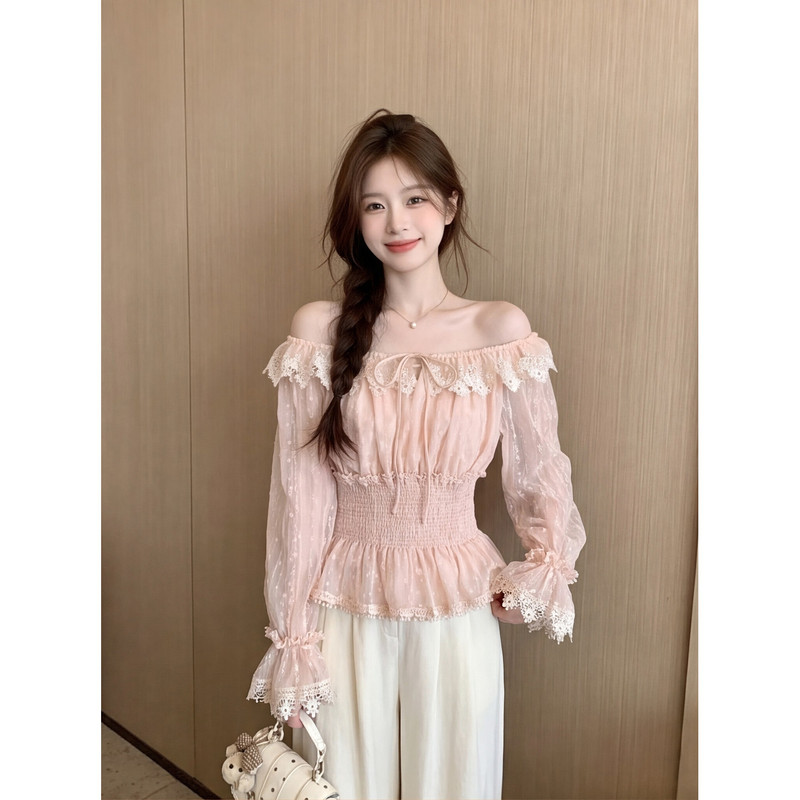 Autumn Pure and Elegant Lace Ruffle Off-Shoulder Top for Women, Pleated Waist, Fashionable, Beautiful, Versatile, Age-Reducing Blouse Autumn Pure and Elegant Lace Ruffle Off-Shoulder Top for Women, Pleated Waist, Fashionable, Beautiful, Versatile, Age-Reducing Blouse