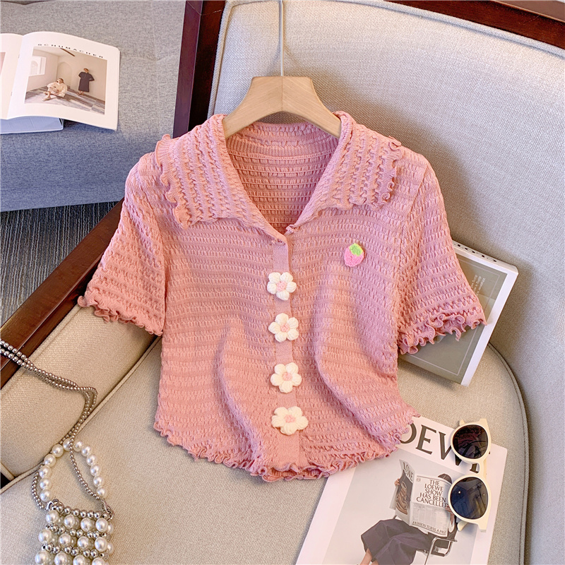 Sweet Pink Polo Collar Knitted Short-Sleeve T-Shirt for Women, Summer Gentle Style with a Unique Design and Ruffled Edges, Short Top