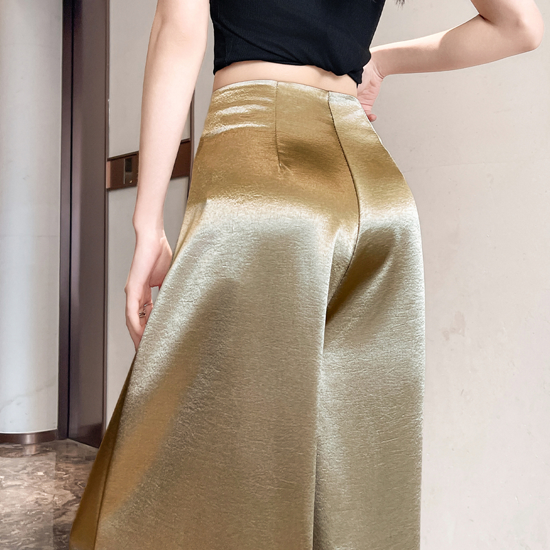 Flowing Golden Satin Wide-Leg Pants for Women, Summer Thin Style, Old Money Style, Drapey Silk-Like Ice Silk Pants, Suit Trousers