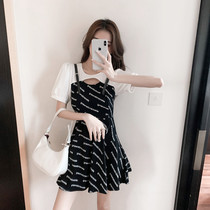 Printed letters French dress female summer fashion age reduction design sense waist thin temperament fake two small black skirt