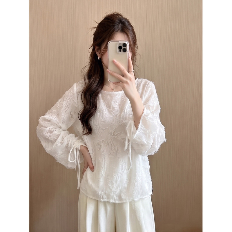 2026 Autumn New Heavy Craft Three-Dimensional Tassel Chiffon Blouse for Women, Elegant Round Neck Shirt with Unique Drawstring Long Sleeves