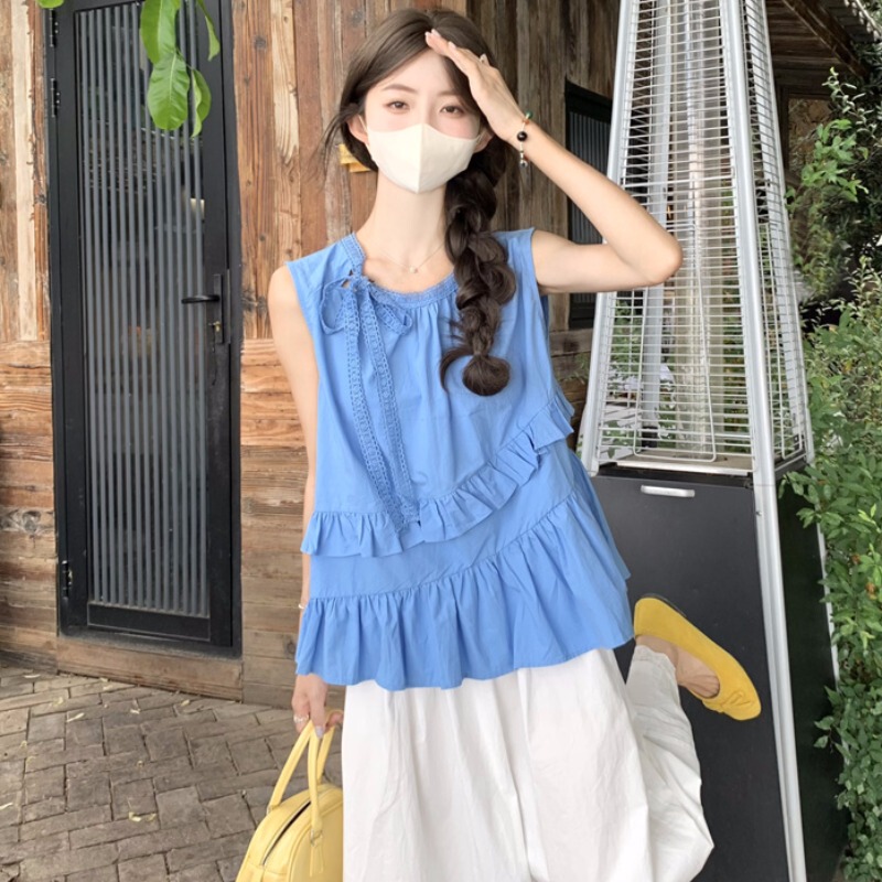 Irregular Ruffled Lace Strap Sleeveless Vest Shirt for Women, Summer Klein Blue Loose Babydoll Top