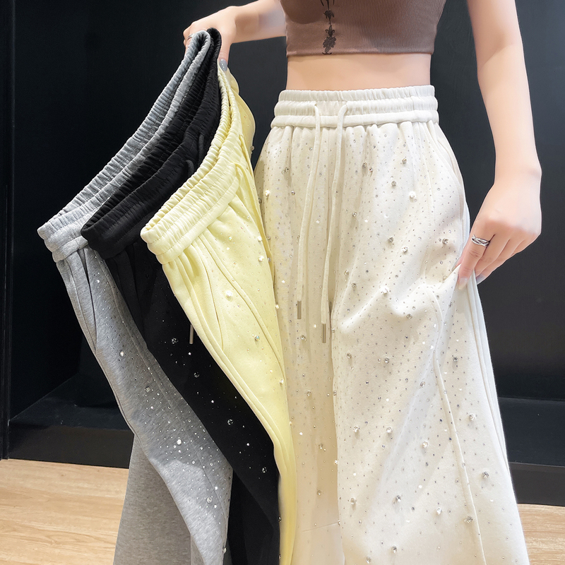 Heavy-Duty Rhinestone Embellished Wide-Leg Curved Pants for Women, Summer High-Waisted Straight Casual Sweatpants with a Draping, Shiny Finish