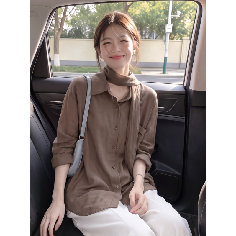 High-End Scarf Collar Halter Neck Ribbon Brown Long-Sleeve Shirt for Women, Autumn Lazy Style Loose Minimalist Top