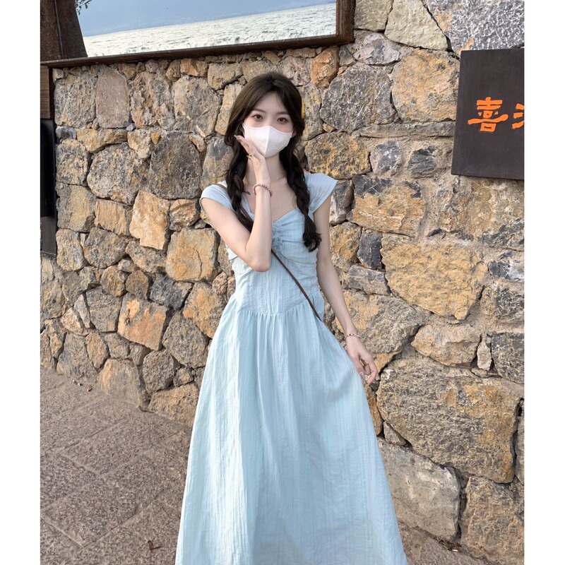 Mint Green Pretty Cinched Waist Flutter Sleeve Dress for Women, Summer Outfit, Forest Style First Love Dress, A-Line Spaghetti Strap Long Dress