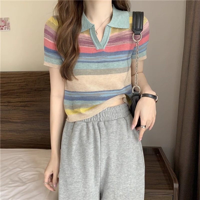 Rainbow Striped Age-Reducing Polo Collar Straight Shoulder T-Shirt Summer Niche Design Color-Blocking Pure Desire Knit V-Neck Short-Sleeve Women's Top