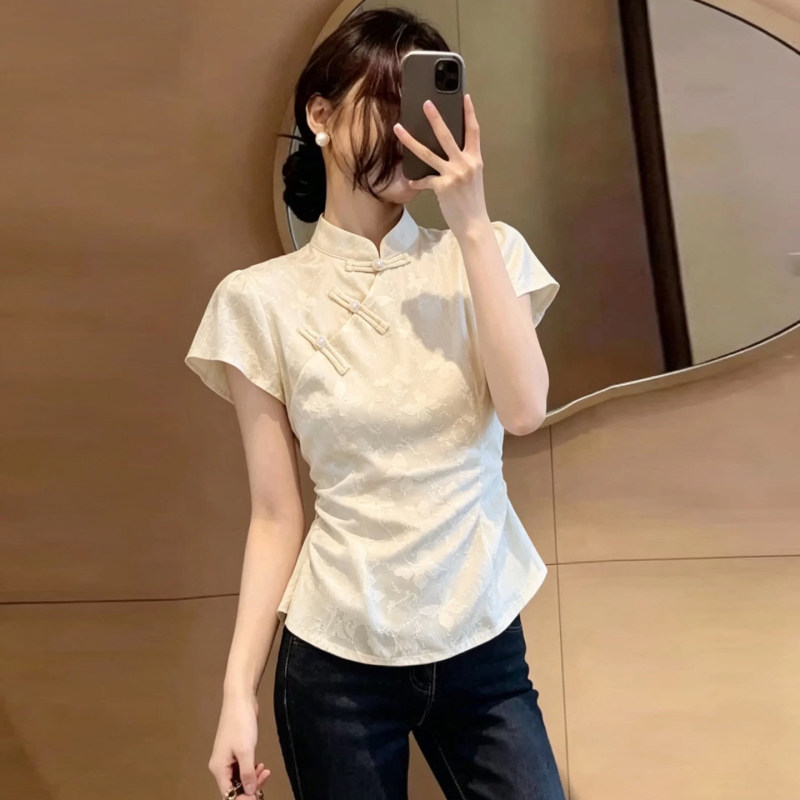 New Chinese-Style Butterfly Jacquard Button-Down Short-Sleeve Shirt for Women, Summer Acetate Satin National Style Improved Cheongsam Collar Top New Chinese-Style Butterfly Jacquard Button-Down Short-Sleeve Shirt for Women, Summer Acetate Satin National Style Improved Cheongsam Collar Top