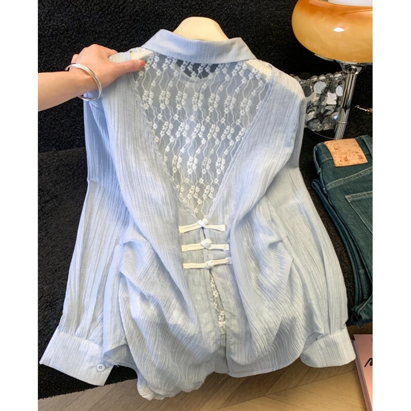 New Chinese-Style Design, Unique and Beautiful Sun-Protective Shirt for Women, Summer Thin Style, Lace Splicing, Backless Shirt Jacket