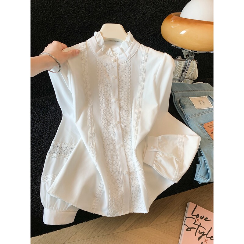 Gorgeous White Lace-Trimmed Stand-Collar Shirt for Women, New Autumn Style, Loose Fit, Slimming, Versatile, Long-Sleeve Top for Work