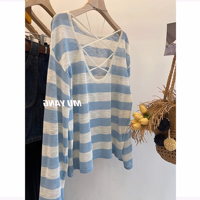 Color-Blocked Striped Ice Silk Linen Knit Sun Protection Cover-Up for Women, Thin Summer Design, Niche Style with Hollow Back Top