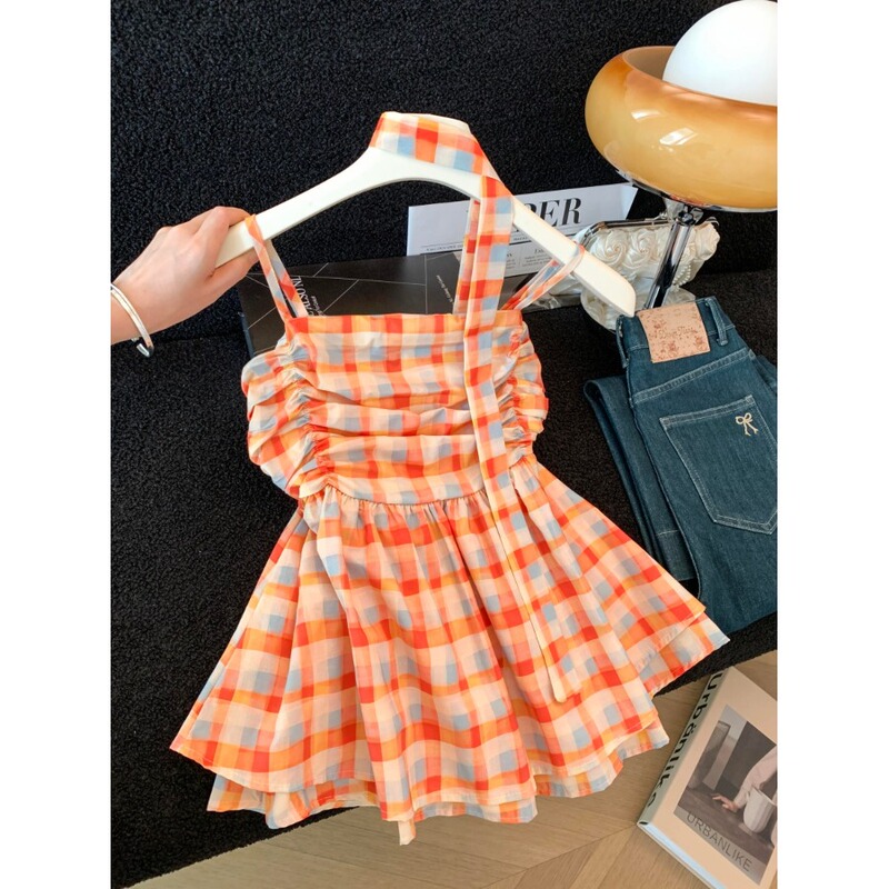 Dopamine-Colored Plaid Strapless Camisole for Women, Summer Stylish Sleeveless Babydoll Top with Ribbons