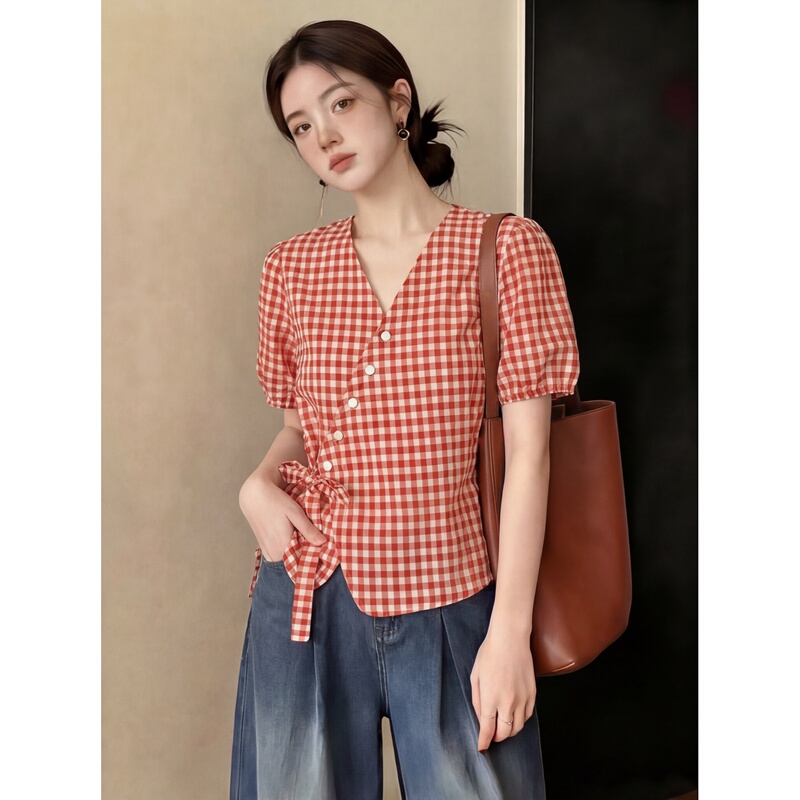 Summer Hong Kong Style Red Plaid Shirt for Women 2026 New Style Light Mature Style Asymmetrical Tie V-Neck Puff Sleeve Top