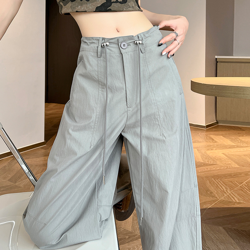Gray Cargo Pants for Women, Summer Thin Quick-Dry Sports Parachute Pants, Straight-Leg Casual Hiking Scimitar Wide-Leg Pants