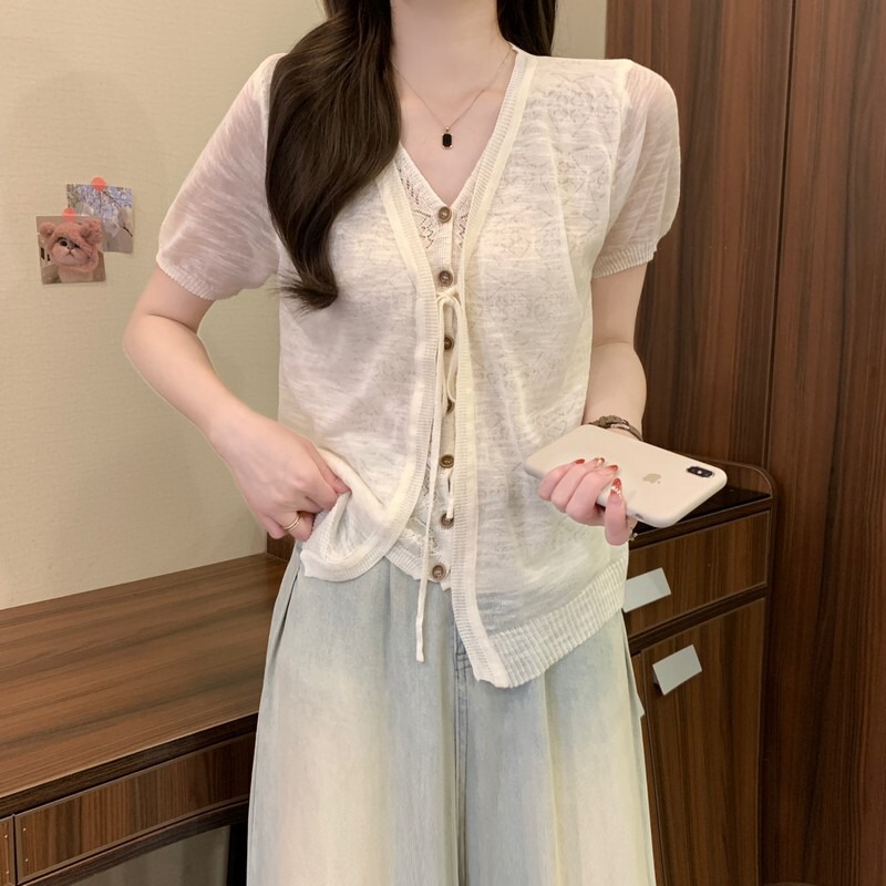 Fake Two-Piece Ice Silk Cotton Linen Short-Sleeved T-Shirt for Women, New Summer Style, V-Neck Lace Splicing, Tie-Up, Loose Casual Top