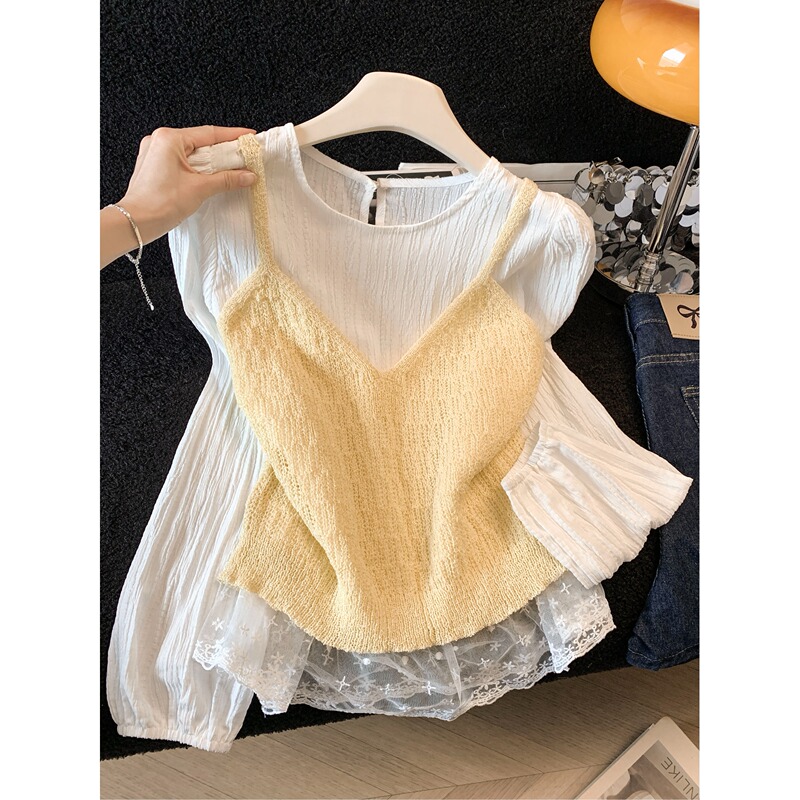 Dopamine Yellow Hollow-Out Knit Camisole for Women, Autumn Vibe Layered Chiffon Shirt Two-Piece Set, Super Pretty Top