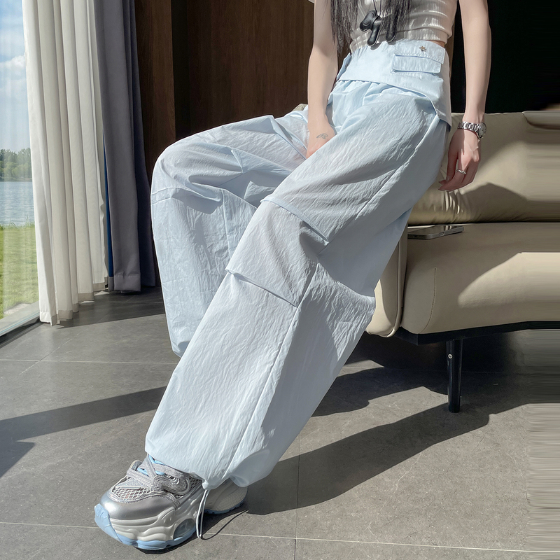 American-Style Spicy Girl Quick-Dry Work Pants for Women, Summer Drawstring Two-Way Wear with a Flared Hem, High-Waisted Slimming Straight-Leg Casual Pants