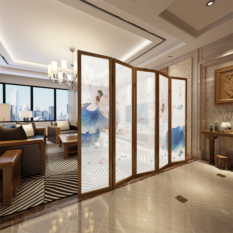 Neoclassical screen solid wood partition porch folding screen office teahouse hotel dining room folding mobile screen lotus