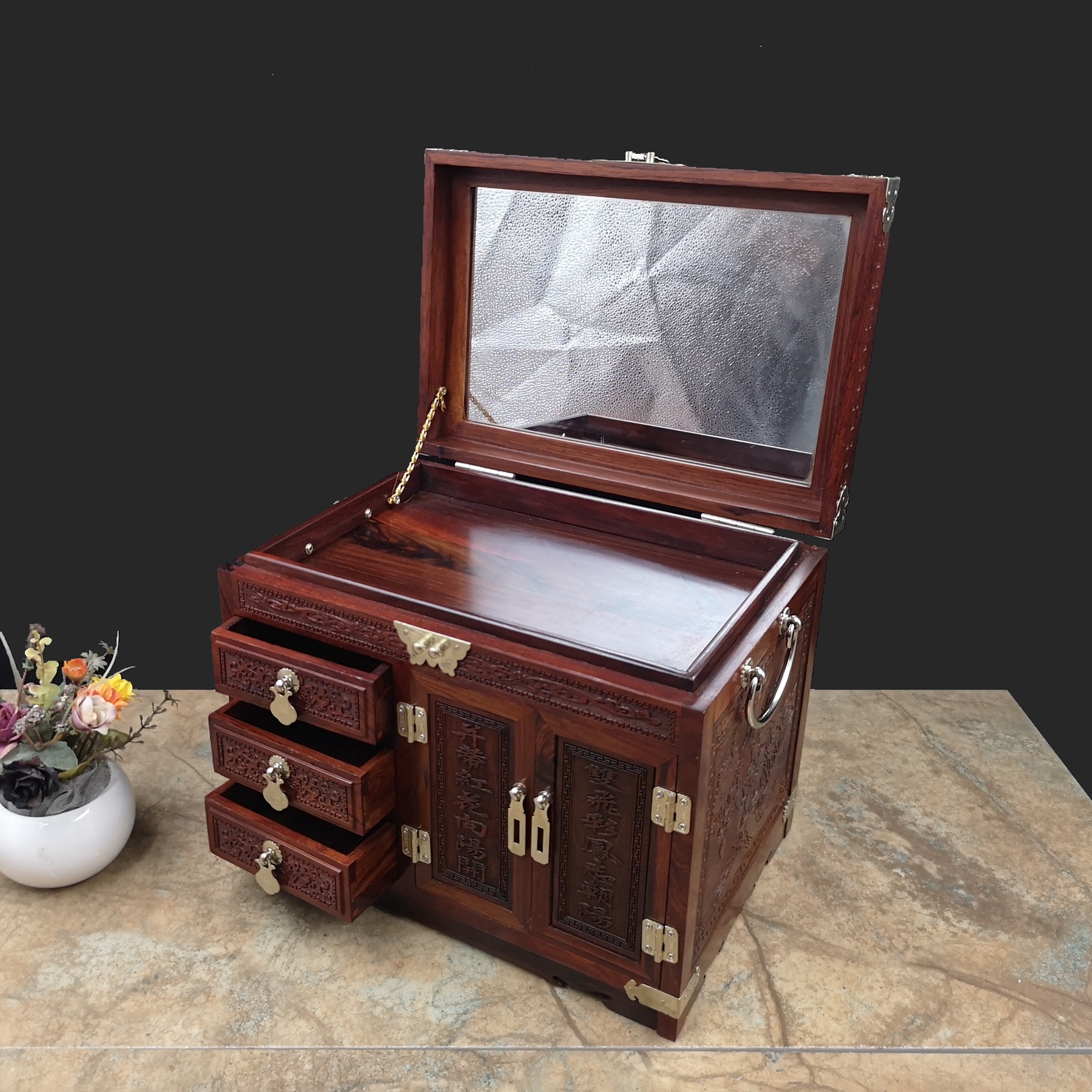 Big red sour branch hundred years good carved jewelry box wooden storage jewelry box mahogany gift