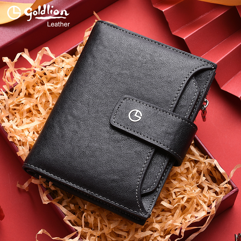 Goldlion Men's Short Wallet Genuine Leather Multi-Card Slot Wallet Cowhide Zipper Coin Pocket Independent Card Holder Wallet
