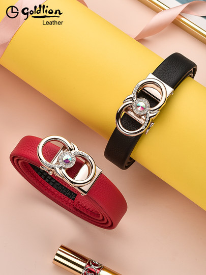 Goldlion Women's Belt 2025 New Genuine Leather Automatic Buckle Cowhide Belt for Women ins Style with Rhinestones for Jeans