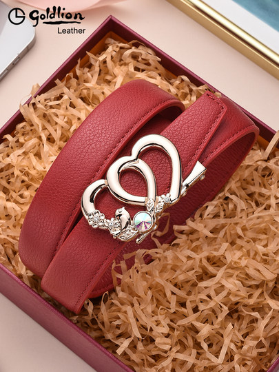 Женский ремень Goldlion из натуральной кожи с автоматической пряжкой, модный женский ремень из первого слоя воловьей кожи, джинсовый ремень с украшениями из страз в форме сердца.