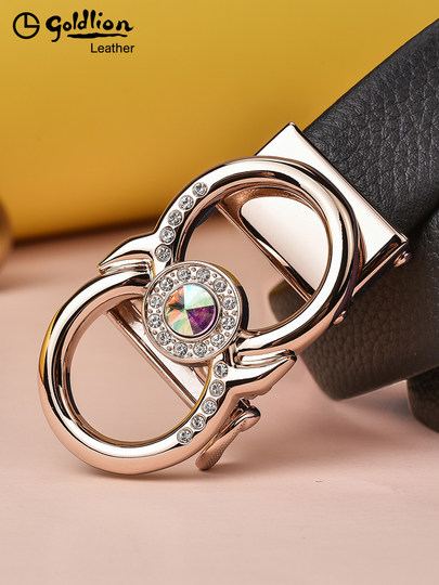 Goldlion Women's Belt 2025 New Genuine Leather Automatic Buckle Cowhide Belt for Women ins Style with Rhinestones for Jeans