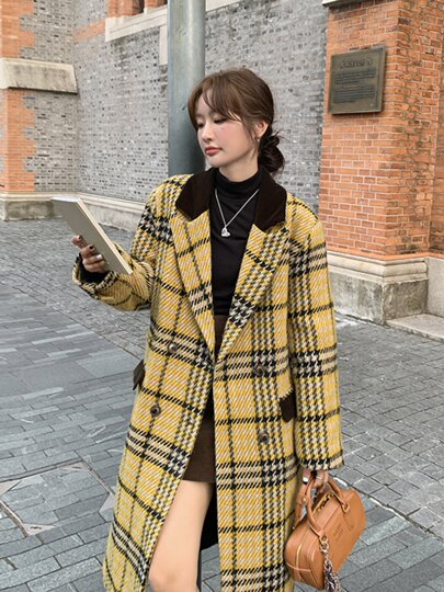 Yellow plaid woolen coat for women 2025 winter mid-length Hepburn style Korean style high-end thickened woolen coat