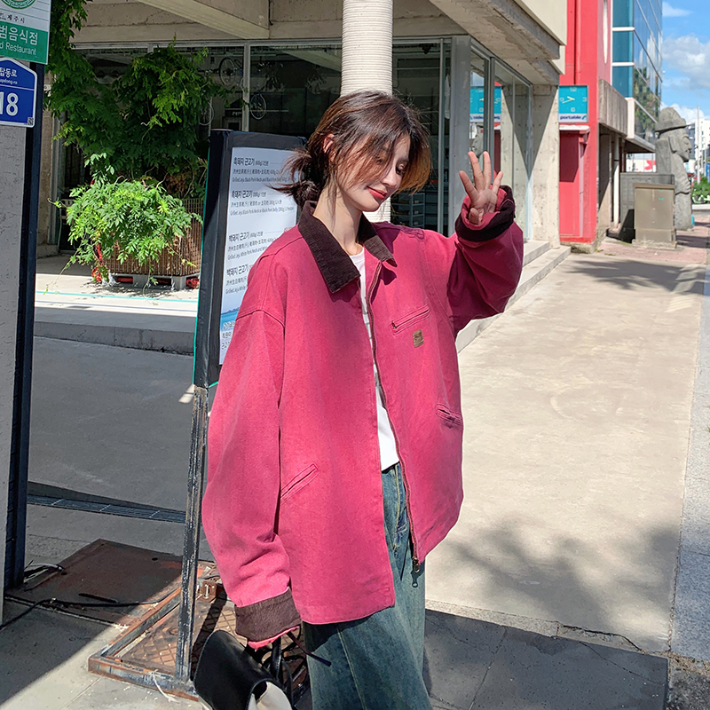 Dragon Fruit Color Polo Collar Denim Jacket for Women, Spring and Autumn 2025, Korean Style, Fashionable, Casual, Lazy, Sweet and Cool, Age-Reducing Jacket Dragon Fruit Color Polo Collar Denim Jacket for Women, Spring and Autumn 2025, Korean Style, Fashionable, Casual, Lazy, Sweet and Cool, Age-Reducing Jacket