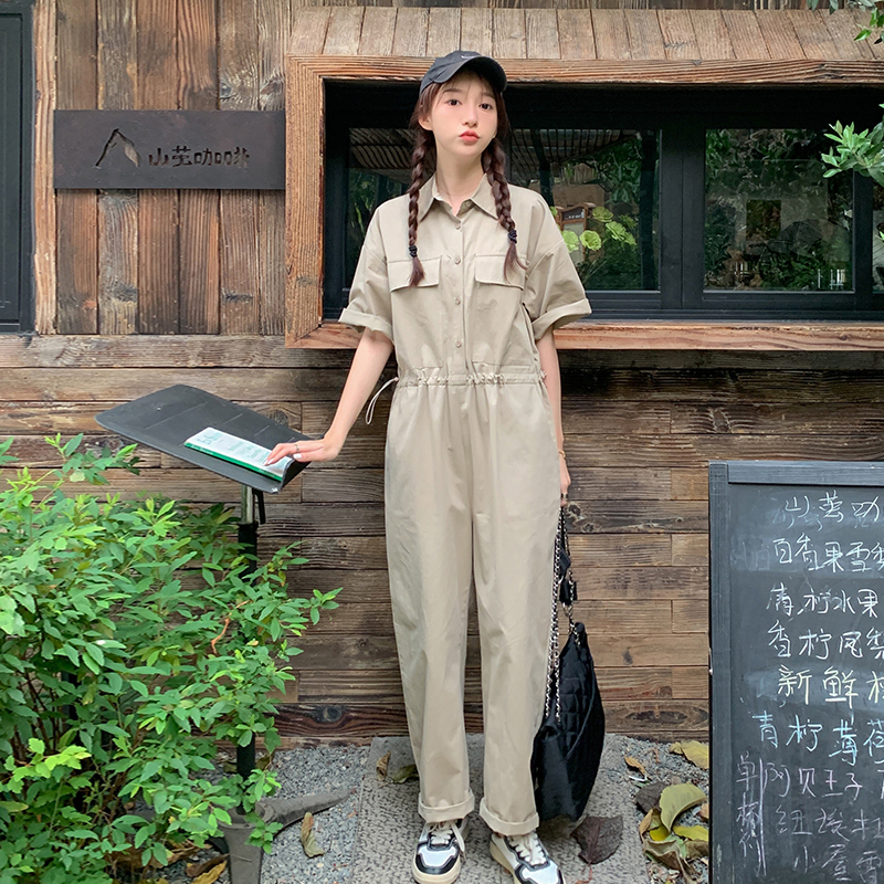 Workwear Jumpsuit Set for Women, Summer, Waist-Cinching, Slimming, Casual, Loose, Straight-Leg, Fashionable Design, Jumpsuit with Long Pants