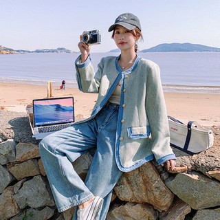 Denim Patchwork Tweed Jacket for Women, Spring and Autumn 2025, Trendy and Fashionable, High-End Design, Chic Top