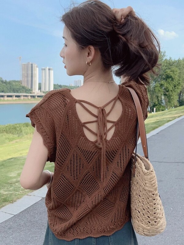 Hollow-Out Ice Silk Knit Top for Women, 2026 Summer New Short-Sleeve Cover-Up, Backless Vest, Slimming Thin T-Shirt Top