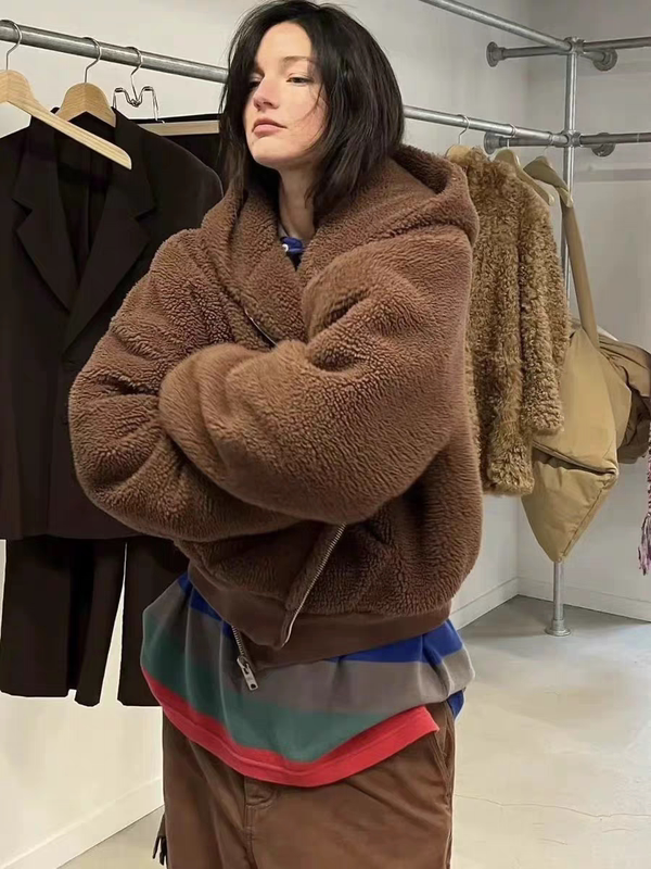 Erl 25Fw Plush Teddy Bear Color Brown Fleece Hooded Sweatshirt Cardigan Zipper Jacket Unisex Trendy Erl 25Fw Plush Teddy Bear Color Brown Fleece Hooded Sweatshirt Cardigan Zipper Jacket Unisex Trendy