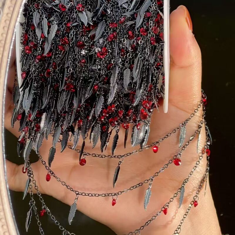 DIY Handmade Red Zircon Feather Tassel Chain, Dark Heavy-Duty Style, Baroque Brick Decoration, Qin Ce Style